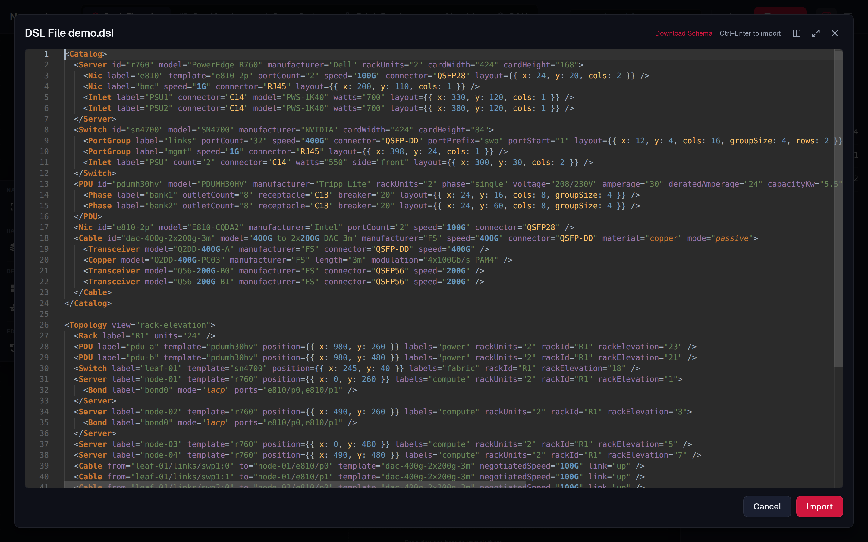The DSL editor showing a design